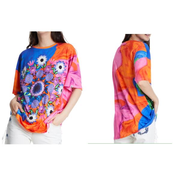 Desigual Luca Floral Mandala Unisex Orange Pink Purple Blue T-Shirt NWT- Size U - Picture 1 of 15